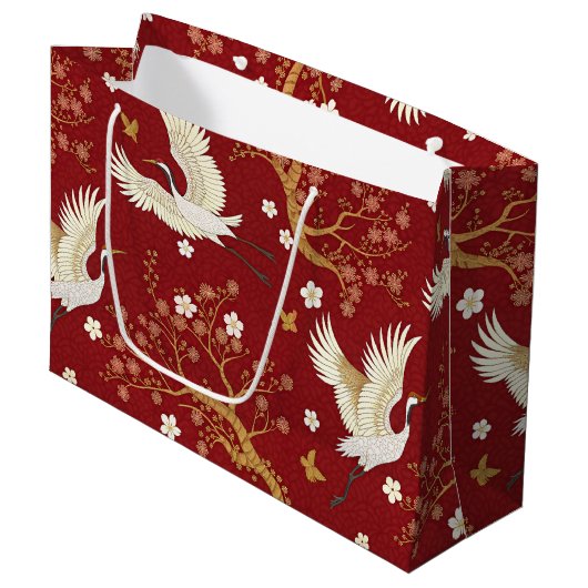 Roter Kronenkranich-Sakura-Muster (1) Große Geschenktüte (Vorderseite Schrägansicht)