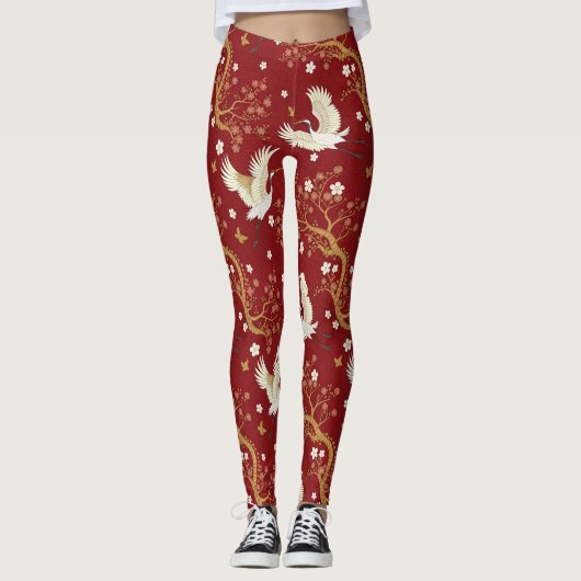 Roter Kronenkranich-Sakura-Muster (1) Leggings (Vorderseite)