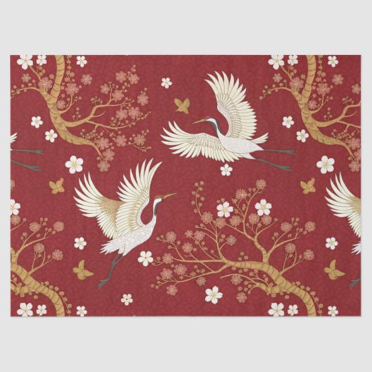 Roter Kronenkranich-Sakura-Muster (1) Seidenpapier (Vorderseite)