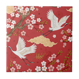 Roter Kronenkranich Sakura-Muster (2) Fliese