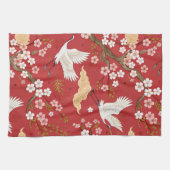 Roter Kronenkranich-Sakura-Muster (2) Geschirrtuch (Horizontal)