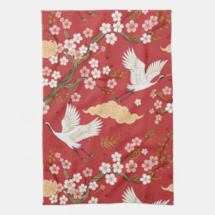 Roter Kronenkranich-Sakura-Muster (2) Geschirrtuch
