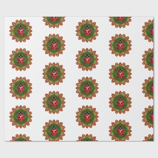 Roter Ladybug auf roten und grünen Blütenblättern Geschenkpapier (Flach)