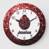 Roter Ladybug Ladybird Glitzern Individuelle Name  Große Wanduhr (Vorderseite)