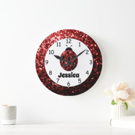 Roter Ladybug Ladybird Glitzern Individuelle Name  Große Wanduhr