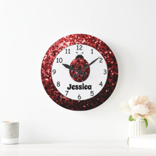 Roter Ladybug Ladybird Glitzern Individuelle Name  Große Wanduhr