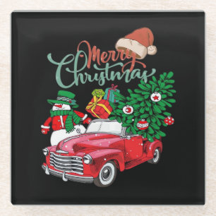 Roter Lastwagen Pickup Weihnachtsbaum Frohe Weihna Glasuntersetzer