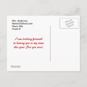 Roter Lehrer-Bleistift auf gezeichnetem Papier Ankündigungspostkarte (Rückseite)