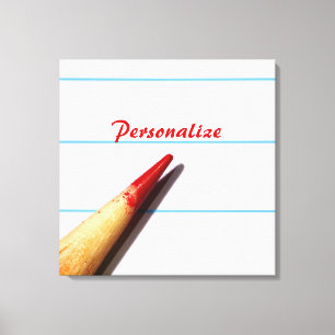 Roter Lehrer-Bleistift auf gezeichnetem Papier mit Leinwanddruck