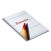 Roter Lehrer-Bleistift auf gezeichnetem Papier mit Notizblock (Rechte Seite)