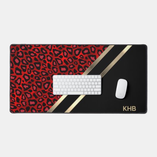 Roter Leopard mit Gold und Schwarz - Monogramm Schreibtischunterlage (Tastatur & Maus)