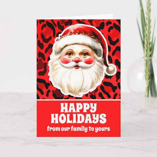 Roter Leopard Print Retro Weihnachtsmann Feiertagskarte (Vorderseite)