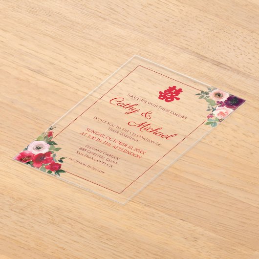 Roter lila Blumengarten Chinesische Hochzeit Acryleinladungen (Ablage )
