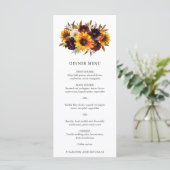 Roter Lila Fall Rose Sonnenblumen Rustikale Hochze Menükarte (Stehend Vorderseite)