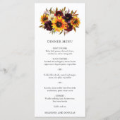 Roter Lila Fall Rose Sonnenblumen Rustikale Hochze Menükarte (Vorderseite)