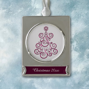 Roter Lila Swirl Retro Holiday Tree Banner-Ornament Silber