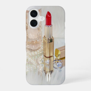roter Lippenstift und Schmuck auf Spiegel iPhone 16 Hülle