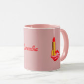 Roter Lipstick am Zungenrosa mit Individuelle Name Tasse (VorderseiteRechts)