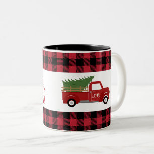 Roter LKW-Büffel-kariertes Weihnachten Zweifarbige Tasse