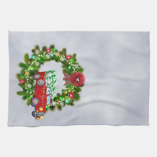 Roter Lkw, der durch einen Weihnachtskranz fährt Geschirrtuch (Horizontal)
