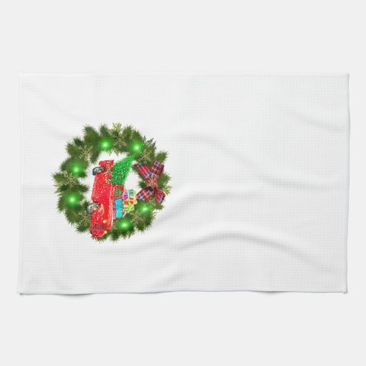 Roter Lkw, der durch einen Weihnachtskranz fährt Geschirrtuch (Horizontal)