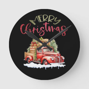 Roter LKW Frohe Weihnachten Baum Santa Süß Vintage Runde Wanduhr