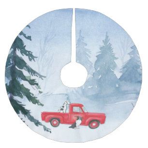 Roter LKW Hund Winter Schnee Weihnachten Polyester Weihnachtsbaumdecke