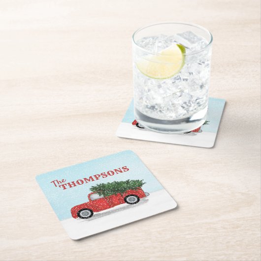 Roter Lkw im Winter Schneeflocken Personalisiert N Rechteckiger Pappuntersetzer (Vor Ort)