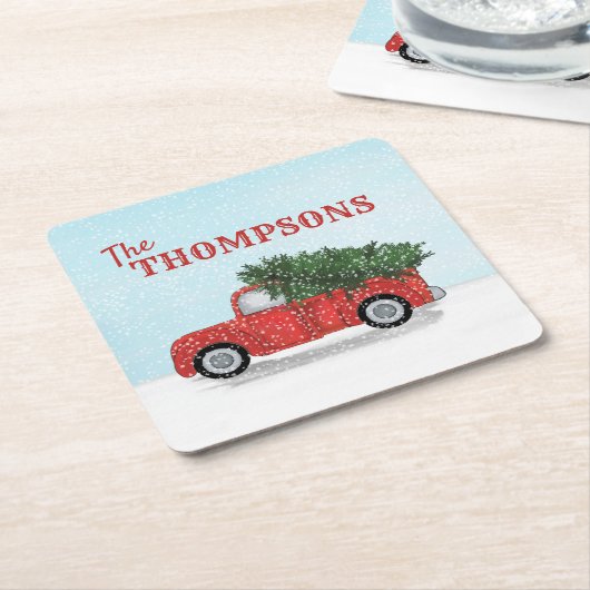 Roter Lkw im Winter Schneeflocken Personalisiert N Rechteckiger Pappuntersetzer (angewinkelt)