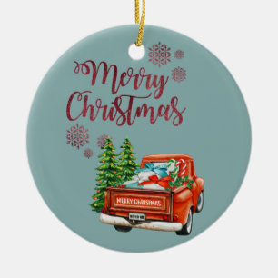 Roter LKW Kiefernbaum Frohe Weihnachten Keramik Ornament
