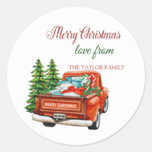 Roter LKW Kiefernbaum Frohe Weihnachten Runder Aufkleber