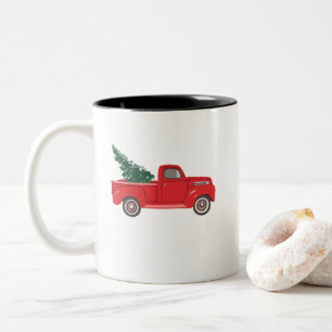 Roter LKW mit Baumkunst Zweifarbige Tasse