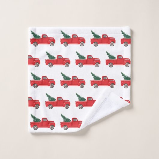 Roter LKW mit Baummuster Badetuch Set (Waschlappen)