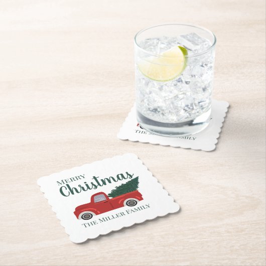 Roter LKW mit Weihnachtsbaum-Familienname Untersetzer (Vor Ort)