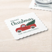 Roter LKW mit Weihnachtsbaum-Familienname Untersetzer (angewinkelt)