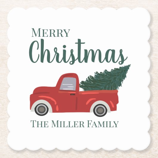 Roter LKW mit Weihnachtsbaum-Familienname Untersetzer (Vorderseite)