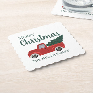 Roter LKW mit Weihnachtsbaum und individuellem Fam Untersetzer