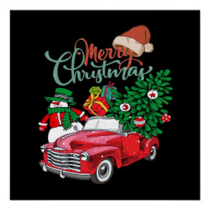 Roter LKW Pickup Weihnachtsbaum Frohe Weihnachten Poster