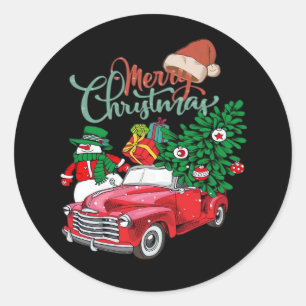 Roter LKW Pickup Weihnachtsbaum Frohe Weihnachten Runder Aufkleber