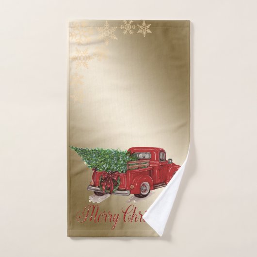 Roter LKW Pine Tree Weihnachten ,Schneeflocken,Gol Badhandtuch Set (Handtuch)