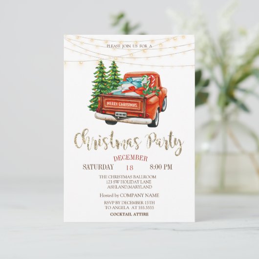 Roter LKW Pinienbäume, Licht Weihnachtsgebäck Part Einladung (Stehend Vorderseite)