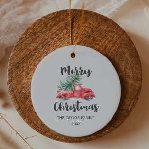 Roter LKW-und Baum-frohe Weihnacht-Feiertag Keramik Ornament