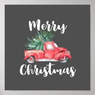 Roter LKW und Baum   Graue Weihnachten Poster