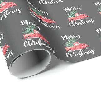Roter LKW und Baum | Graue Weihnachtsgeschenke Geschenkpapier