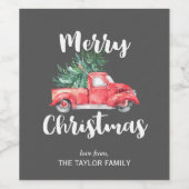 Roter LKW und Baum | Graue Weihnachtsgeschenke Weinetikett (Einzelnes Label)