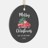 Roter LKW und Baum | Grauer Weihnachtsurlaub Keramik Ornament (Rechts)