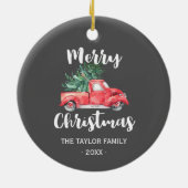 Roter LKW und Baum | Grauer Weihnachtsurlaub Keramik Ornament (Hinten)