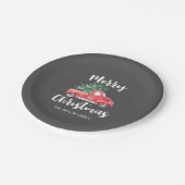 Roter LKW und Baum | Graues, fröhliches Weihnachts Pappteller (Schrägansicht)