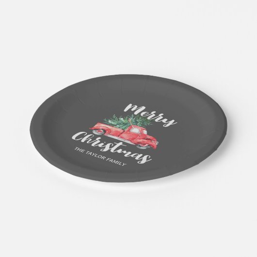 Roter LKW und Baum | Graues, fröhliches Weihnachts Pappteller (Schrägansicht)