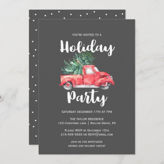 Roter LKW und Baum | Gray Holiday Party Einladung (Vorne/Hinten)